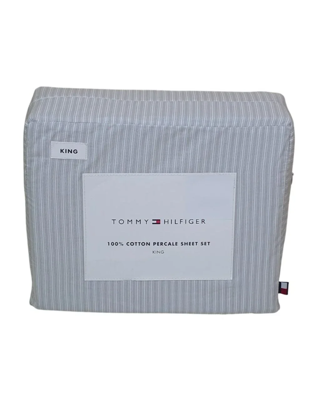 Tommy Hilfiger 100% Cotton Percale King Sheet Set Highland Ticking Stripe Grey